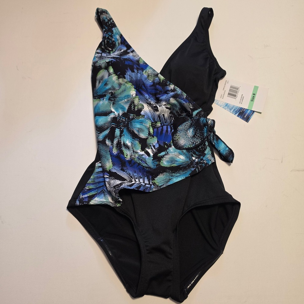 Gabar Floral Surplice One Piece Swimsuit Black Blue Green Size 8 NWT